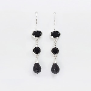 Black Drop Earrings, Sterling Silver, Black Cubic Cz Stones, Long silver Hooks earrings, Modern Dangle Stone Earrings