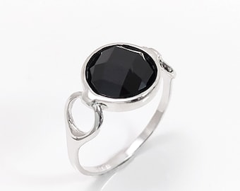 Pierre Noire Bague Argent Solitaire, Argent Massif, Bague Originale étriers de Cheval, Bague Design Unique, Bijou Simple et Confortable