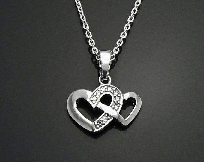 Double Heart Necklace, Sterling Silver, White Clear Stones (Cz), Crossing Two Hearts Pendant, Woman gift, love Charm Lovers Jewelry