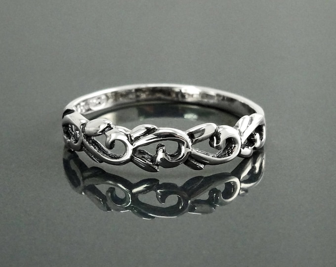 Antique Boho Ring, Sterling Silver, Bohemian Stacking Band, Woman Jewelry, Hipster Promise Band, Gypsy Hollowed Ring, Gothic Engraved Band