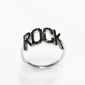 Rock music ring, sterling silver, black lab stone (cz) stone, rock and roll fanatic lover jewelry, rebel rock 'n' roll fan, women gift