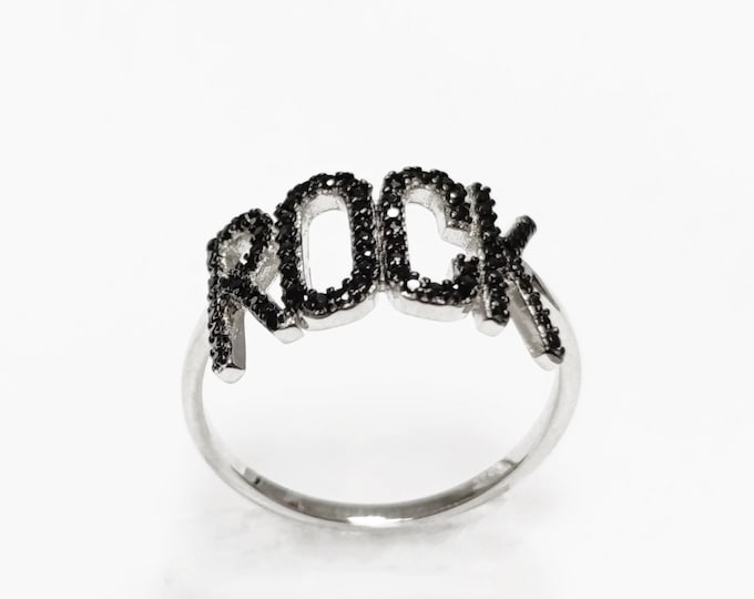 Rock music ring, sterling silver, black lab stone (cz) stone, rock and roll fanatic lover jewelry, rebel rock 'n' roll fan, women gift