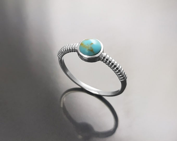 Turquoise Ring, Sterling Silver, Blue Turquoise , Small Domed Round Stone, Modern Ethnic Chic Braided Band Shank, Casual Style Jewelry