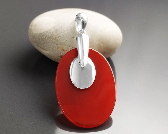 Red Stone Pendant - Sterling Silver, Red Agate Gemstone, Modern Geometric Designer Jewelry, Statement OVAL Pendant