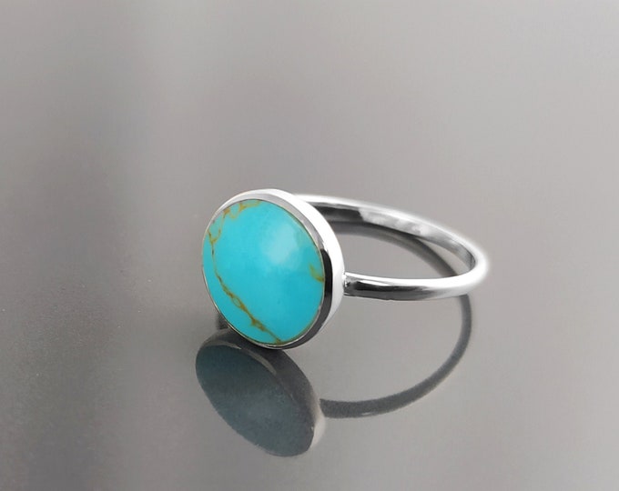 Blue Turquoise Ring, Silver 925, Small Round flat Stone, Geometric Simple Turquoise Jewelry, Dainty Modern Stacking Minimalist Ring