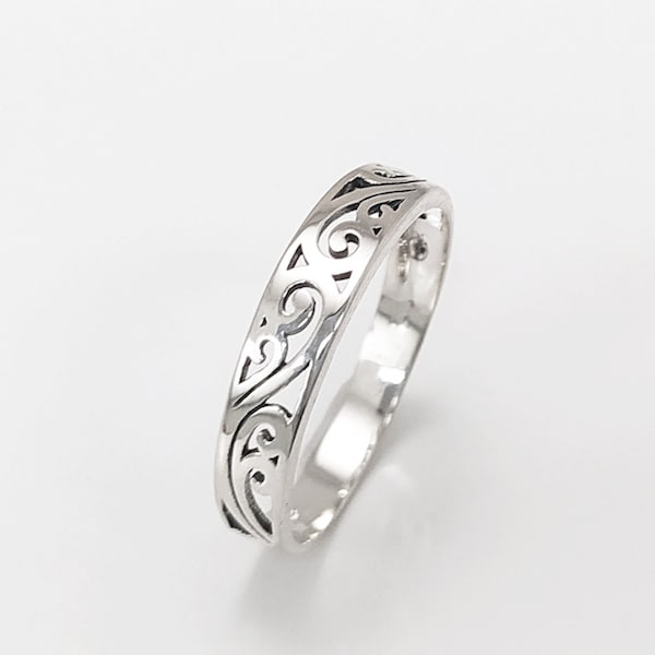 Anneau Filigrane Boho, Argent Massif, Anneau Fin, Bague Antique Filigrané, Bague Art Déco Ajourée, Bague Empilable, Cadeau Saint Valentin