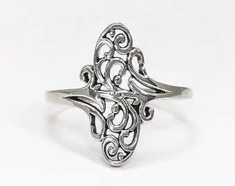 Ovaler Filigranring, Sterlingsilber, Vintage-Stil, filigrane Spitze, kleine ovale Form, zierlicher viktorianischer Filigran, Geschenk