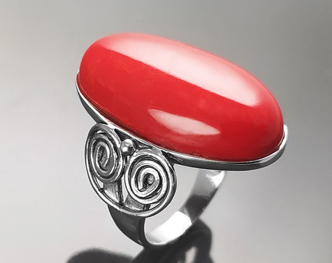 Synthetic Coral Ring, Lipstick Red Gorgonian, Sterling Silver, Vintage Jewelry, Lipstick Red Color Artificial Gorgon Stone