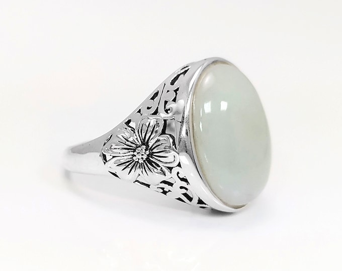 NATURAL Green Jade Ring, 925 Sterling Silver, GENUINE Jade Gemstone Jewelry, Vintage Hipster Intricate Filigree Shank Design