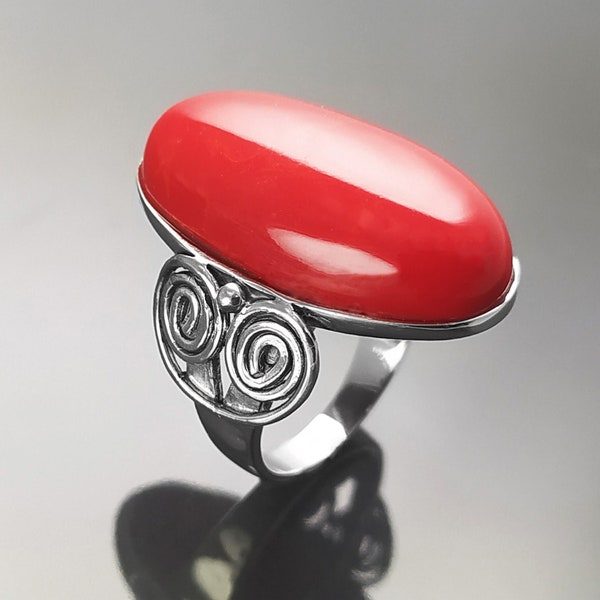 Grande Bague Rouge POP, Bague argent 925, Pierre Corail Synthétique, Bijoux style Vintage, Rouge POP, gorgone artificielle couleur Rouge Vif