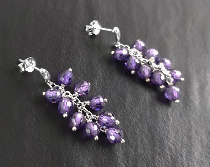 Purple grape stones earrings, sterling silver, teardrop purple berry bunch stone earrings, dark violet berries color crystal jewelry