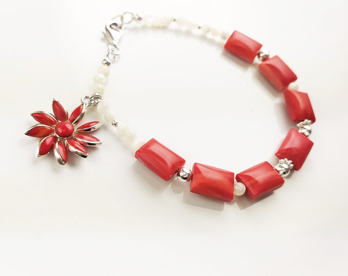 Red Stone Silver Bracelet, Fashion Bracelet, Sterling Silver Red Stones, Genuine White Round Shell Pearls, Red Agater Stone Flower Charm