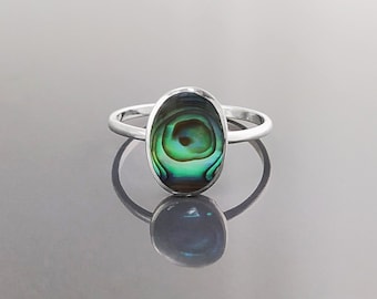 Abalone Flat Oval Ring, Sterling Silver Genuine PAUA Shell Mother of Pearl with Rainbow Reflection, Modern Minimalist Style