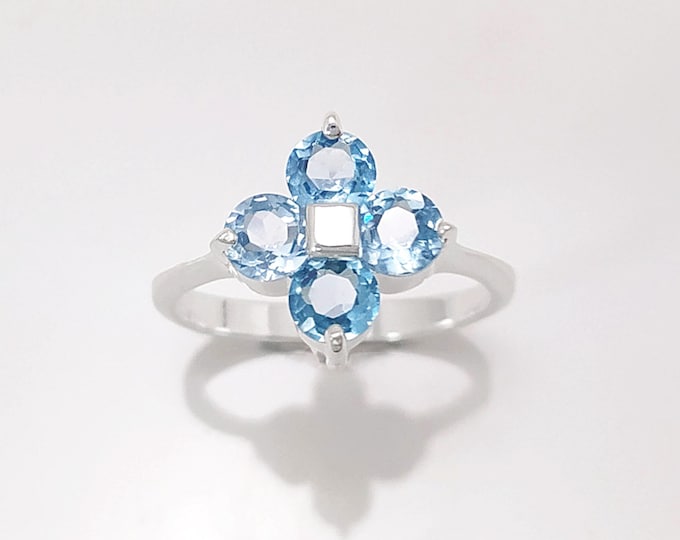 Blue Stone Ring, Sterling Silver, Blue Aquamarine Color Cz , Quatrefoil Flower Square Ring, Modern Four Stones Ring, Square Clover Ring