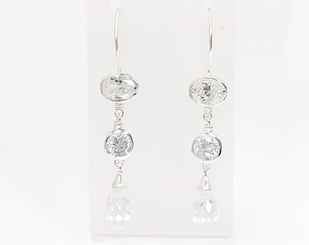 White Clear Drop Earrings - Hook Earrings - Sterling Silver Earrings - stone Cz - Long silver Chandelier earrings - Teardrop stones