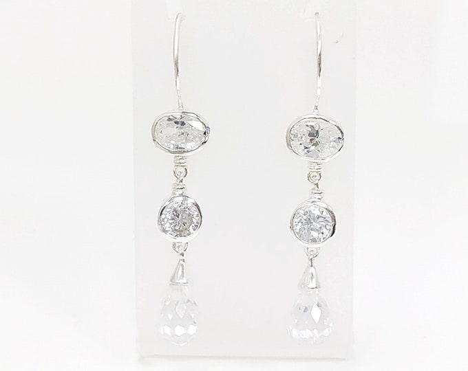 White Clear Drop Earrings - Hook Earrings - Sterling Silver Earrings - stone Cz - Long silver Chandelier earrings - Teardrop stones