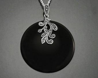 Elegant Marcasite Pendant, Sterling Silver, Genuine Black Onyx Gemstone Jewelry, Vintage Art Deco Marcasite Charms, Retro Inspired Jewelry