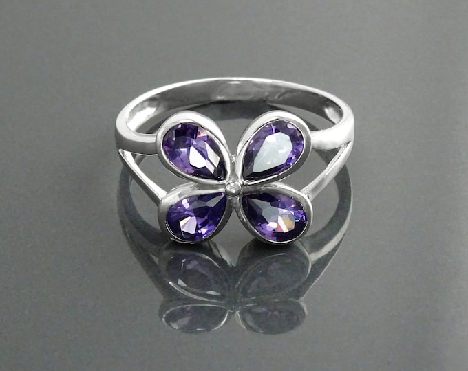 Purple Ring, Sterling Silver, Lab Amethyst Color Stone (CZ), Flower Petals Ring, Modern Minimalist Ring for Woman, Violet Square Clover