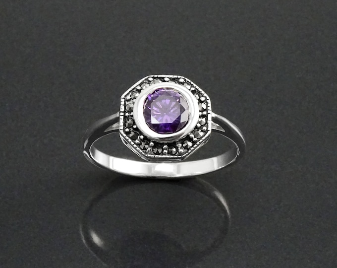 Amethyst Marcasite Ring, Sterling Silver, Vintage Octagonal Ring, Purple Amethyst Color Cz, Dainty Retro Violet Stone Rings, Women Gifts