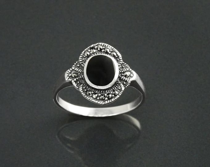 Art-Deco Black Ring, Sterling Silver ring with flat Oval Black Onyx Stone and Marcasite Stones, Vintage Design Jewelry