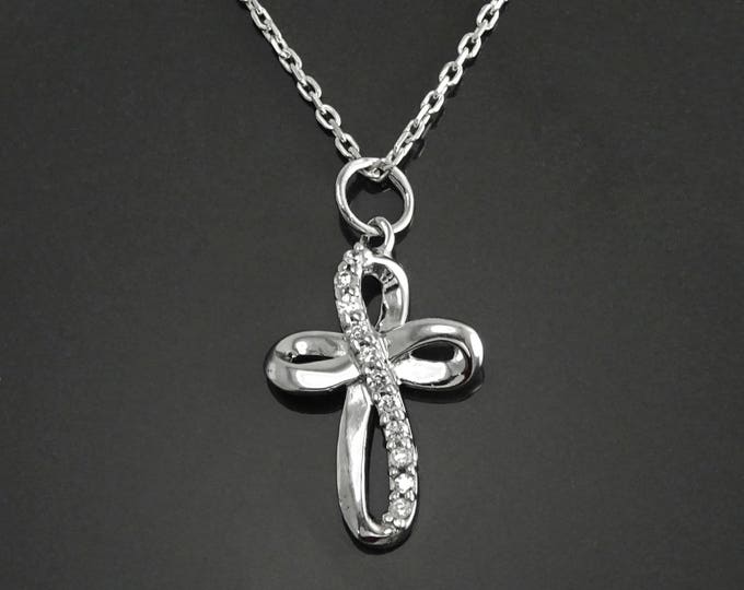 Cross Necklace, Sterling Silver, Clear white Stone Cz, Christian Catholic Jewelry, Religious Sign Charm, Unique Infinity Crucifix Pendant