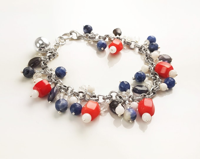 Three Colors Gemstone Sterling Silver Bracelet, Blue White Red Color Gemstone Bracelet, Mix Color Bracelet, Mix Gemstone Bracelet.925 Silver