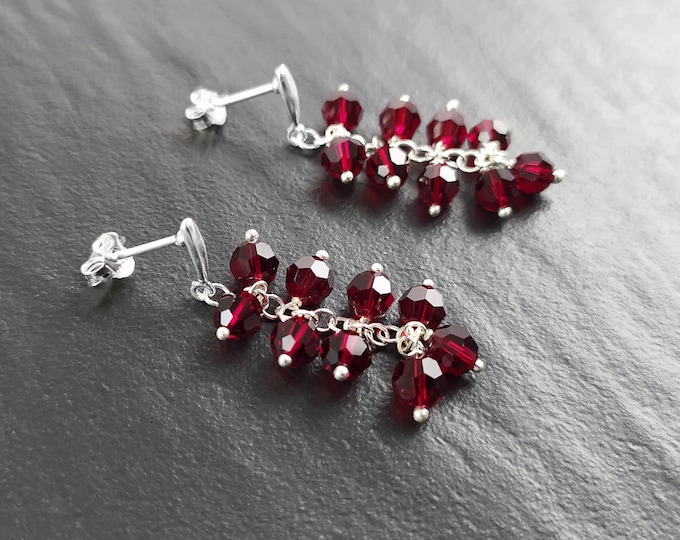 Red Stone Grapes Earrings, Sterling Silver, Teardrop Dangle Red Grape Crystal Stones, Berries Pomegranate Garnett Color, Drop Jewelry