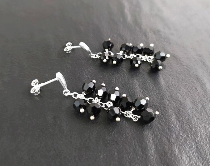 Black dangle earrings, sterling silver, teardrop blackberry crystal cz stones grape earrings, dark blackberries bunch, modern jewelry