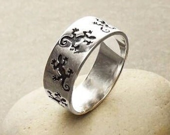 Lizard Silver Band Ring - Sterling Silver Band Ring - Salamander Pattern - Unique Handmade - Thumb Ring - Tribal Band Ring