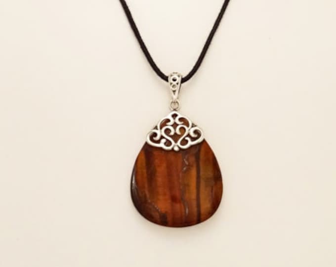 Brown Oval Pendant, Sterling Silver, GENUINE Tiger Eye Stone, Filigree Pendant, Teardrop Shape, Antique Vintage Victorian Design Jewelry