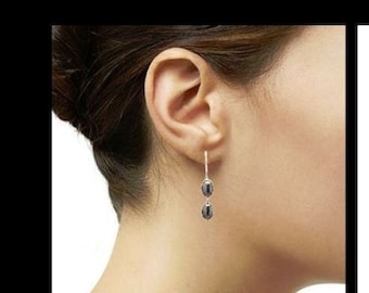 Gray Hematite Stone Earrings, Sterling Silver, NATURAL Grey Hematite Gemstone, Minimalist Modern Jewelry, Dangle Drop Oval 2 Stones Earrings