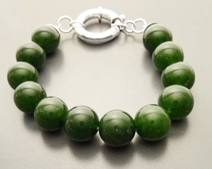 Green Agate Bracelet, Sterling Silver Spring Clasp, Genuine Green Agate Stones Balls Beads, Gemstone Beaded , 10mm Diameter Stone ball