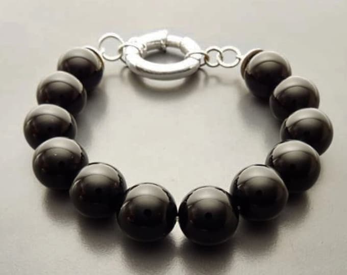 Onyx Stone Bracelet - Black Onyx stones balls Bracelet - 10mm ball Beads - Sterling Silver - Spring Ring Clasp - Gemstone Beaded Bracelet