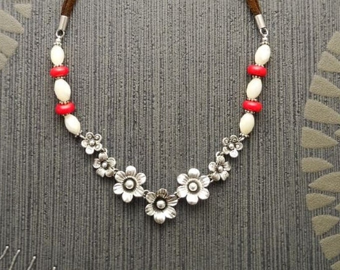 Daisy Flowers Necklace, Sterling Silver engraved Flower Pendant, Brown Leather Necklace, Oval Shell Pearl, Red Jasper Stones Beads Jewelry
