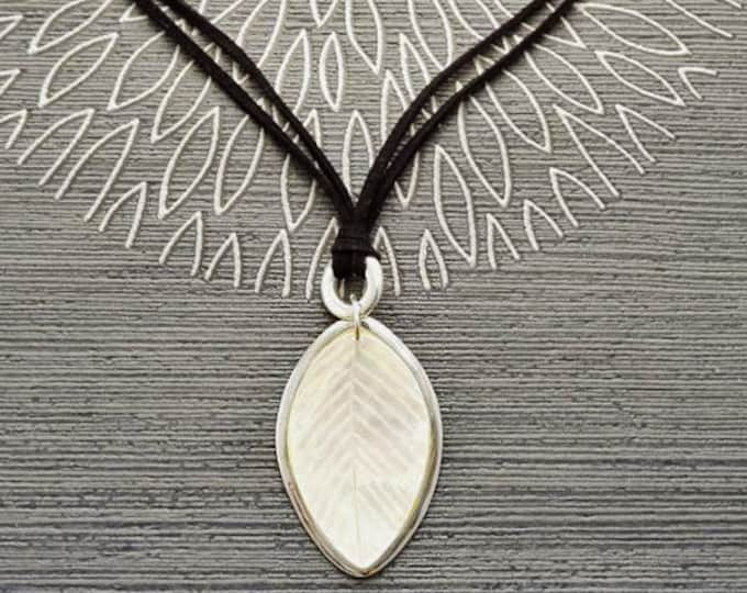 Leaf Necklace, Genuine White Mother of Pearl,  Sterling Silver Pendant, Black Leather, Veins Laurel Leaf, Nature Jewelry Autumn Branch