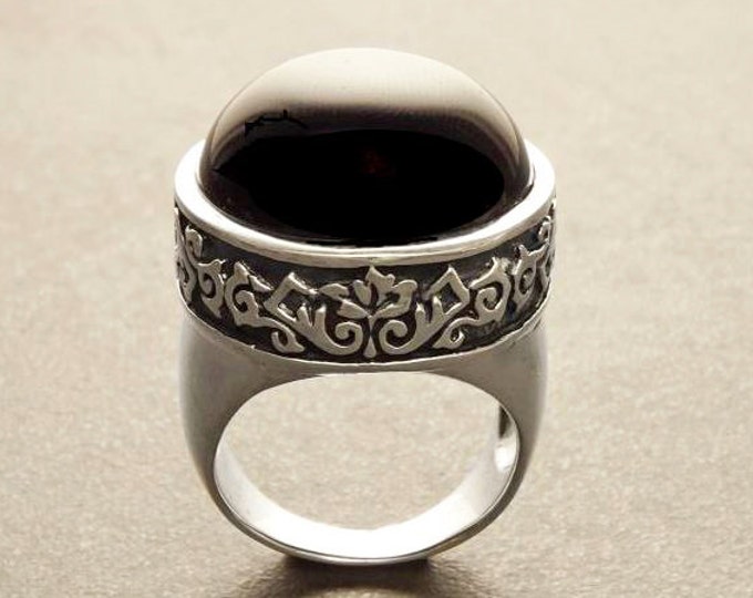 Onyx Ring, Sterling Silver, Signet Ring,  Round Stone Black Onyx Gemstone, Gothic, Unisex Man and Woman Jewelry