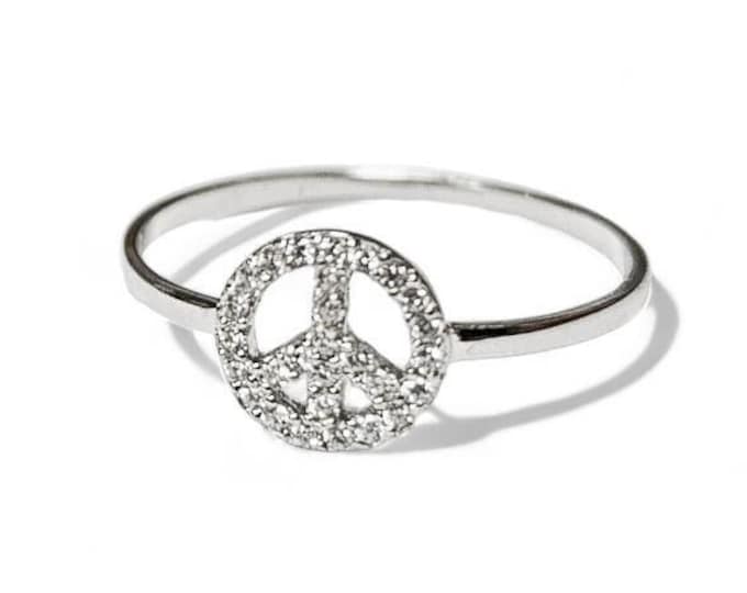 Peace & Love Ring, sterling silver 925 and white clear cz stones, dainty love and peace symbol sign, boho hipster 70's icon jewelry