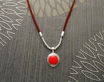 Red Round Necklace, Brown Leather Necklace, Sterling Silver, Red Stone Pendant for Necklace