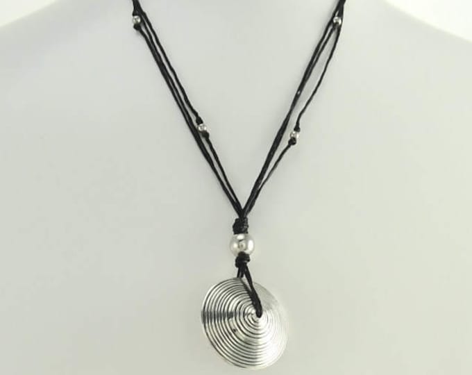 Disc Necklace, Silver 925, Spiral Stripes, Spinning Circular Round Pendant, Black Multi Strand, Ethnic Surfer Beach Summer Jewelry Gift