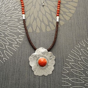 Coral Jasper Necklace, Sterling Silver Pendant, Hibiscus Flowers Pattern, Coral Cabochon, brown Stingray Leather. Unique jewelry