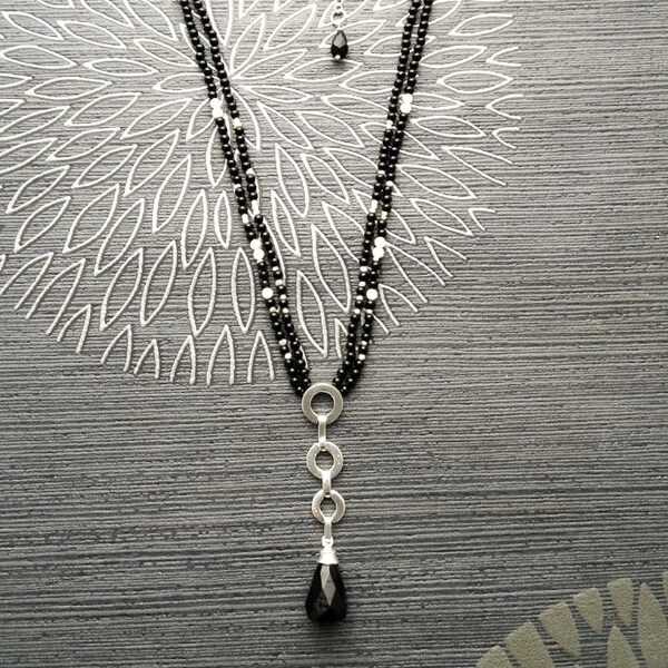 Boho onyx necklace, sterling silver made, black quartz gemstone pendant, black onyx stone jewelry, unique lariat necklace