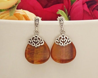 Tiger Eye Dangle Earrings, Sterling Silver, Teardrop Gemstone Earrings