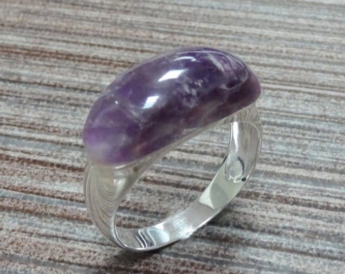 Amethyst Band Ring - Sterling Silver Ring - Dome Ring - Purple Stone, Amethyst Band Horizontal Stone, Dainty Ring - Everyday Ring