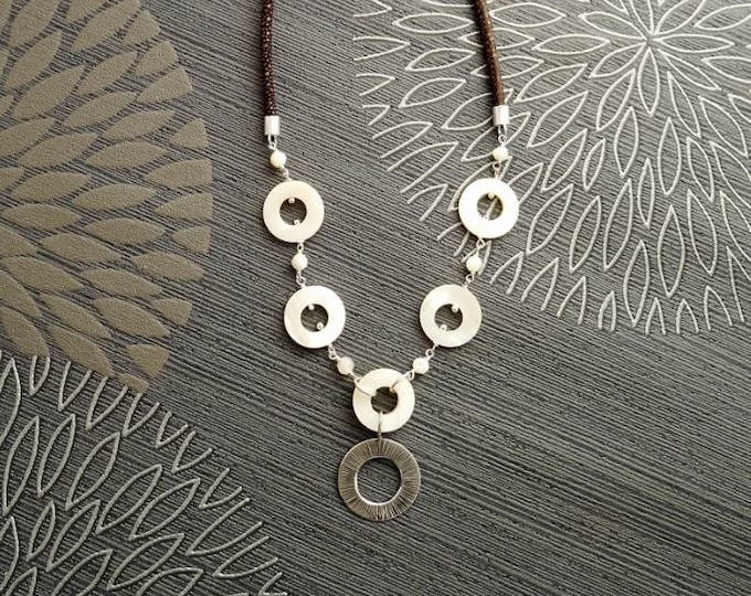 Discs Necklace, Sterling Silver, Round White Mother-of-Pearl Shell Disc, Brown Stingray Leather Jewelry, Unique Modern Round Circle Necklace
