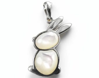 Rabbit Pendant, Sterling Silver, White Mother of Pearl Shell, Bunny Charm, Minimalist Necklace