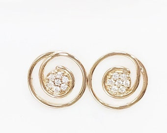 Golden Spiral Earrings, Genuine 18K Gold Plated, white Sparkling Cz stones, Coil Design Stud Earrings, Modern Swirl Loop Design Jewelry.