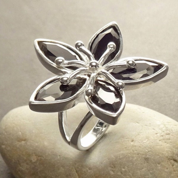 Black Flower Ring, Sterling Silver, Women Silver Ring, Nature Inspiring Ring, Hibiscus Ring, Big Flower Ring, Statement Ring,