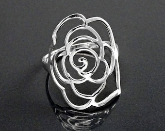 Bague Rose Filigrane, Bague Ouverte, Bague Florale, Argent 925, Bijoux Floral, Bague Manchette, Grande Bague, Cadeau de Fiançailles Original