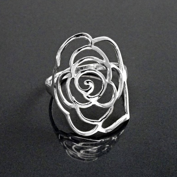 Bague Rose Filigrane, Bague Ouverte, Bague Florale, Argent 925, Bijoux Floral, Bague Manchette, Grande Bague, Cadeau de Fiançailles Original