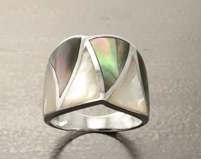 Shell Crossing Ring, Sterling Silver, GENUINE Grey Paua and White Mother of Pearl Shell,  Modern Geometric Orginal Design, Wide Band Ring